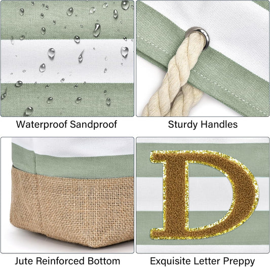 Becokan Beach Bag Initial Beach Tote with Makeup Bag for Travel Work Storage Personalized Birthday Gifts for Women Her