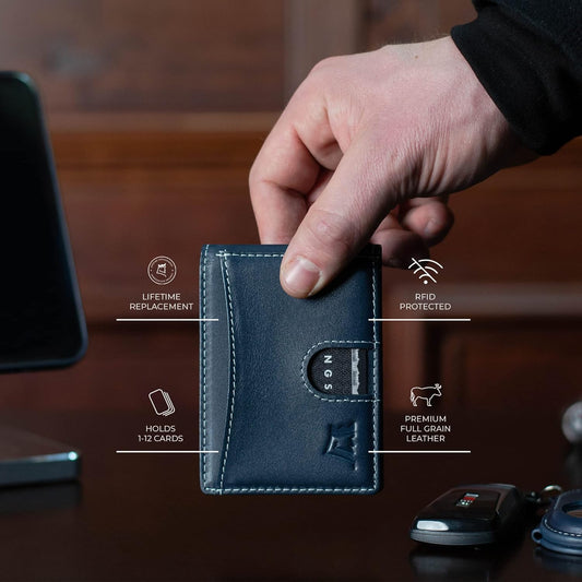 Kings Loot Custom Wallet for Men | Engraved Leather Slim Wallet with Money Clip | Personalized RFID Blocking Design | Minimalist & Stylish Wallets (Blue)