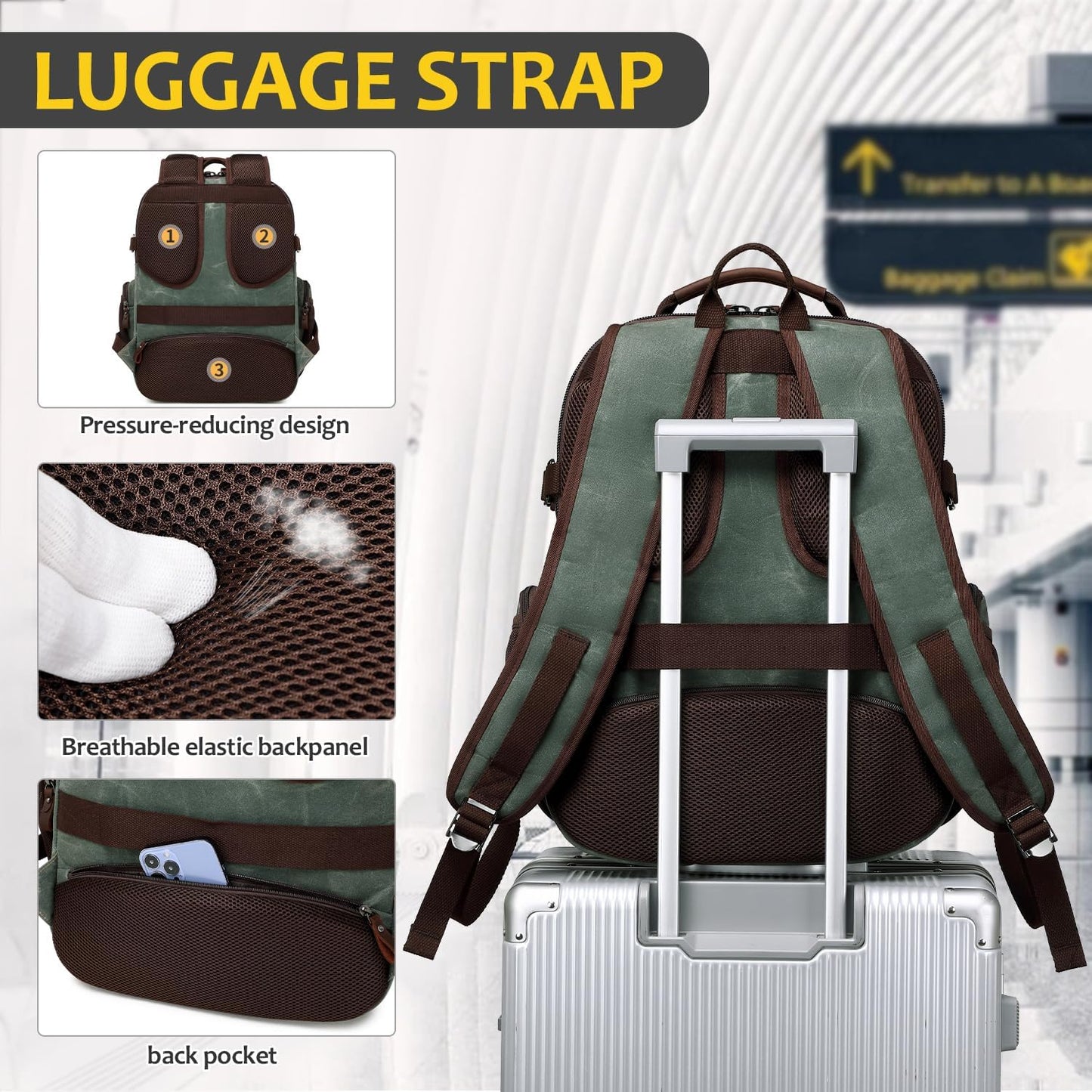 Travel Laptop Backpack 17.3 inch XL Computer Backpack for Men Waxed Canvas College Daypack Business Backpack Army Green