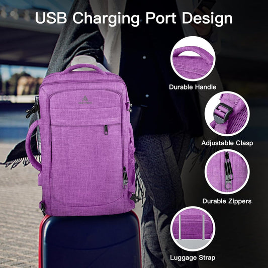 50L Carry On Backpack, Extra Large Laptop Backpack, Travel Backpack for Women, Expandable Water Resistant Big Bag Anti-Theft Business Daypack Fit 17 Inch Laptop with USB Port,Purple