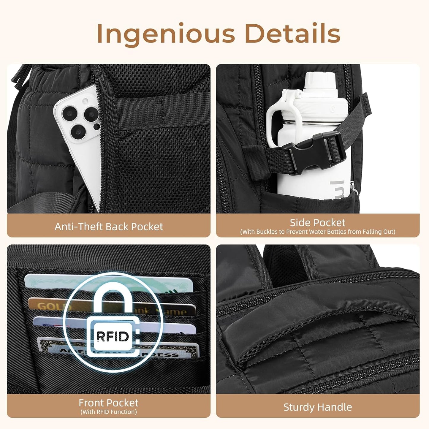 CLUCI Wrinkle-Resistant Laptop Backpack for Women, 17.3 Inch Anti Theft Travel Backpack, Puffer Quilted Work Backpack, Water Resistant College Bookbag with RFID