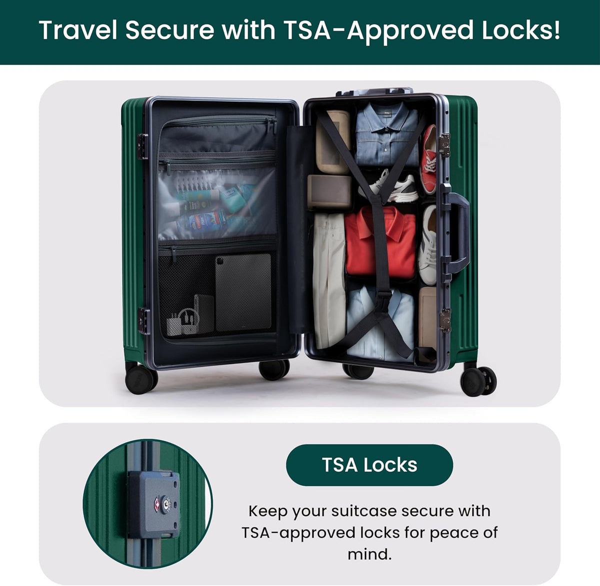 NOBL Travel Carry On Luggage, Noble Zipperless Aluminum Frame PC Hard Shell Suitcase, 20.8x15x8.7 Airline Approved, 360° Spinner Wheels, TSA Locks, USB Charging Port, Cup & Phone Holder - Forest Green