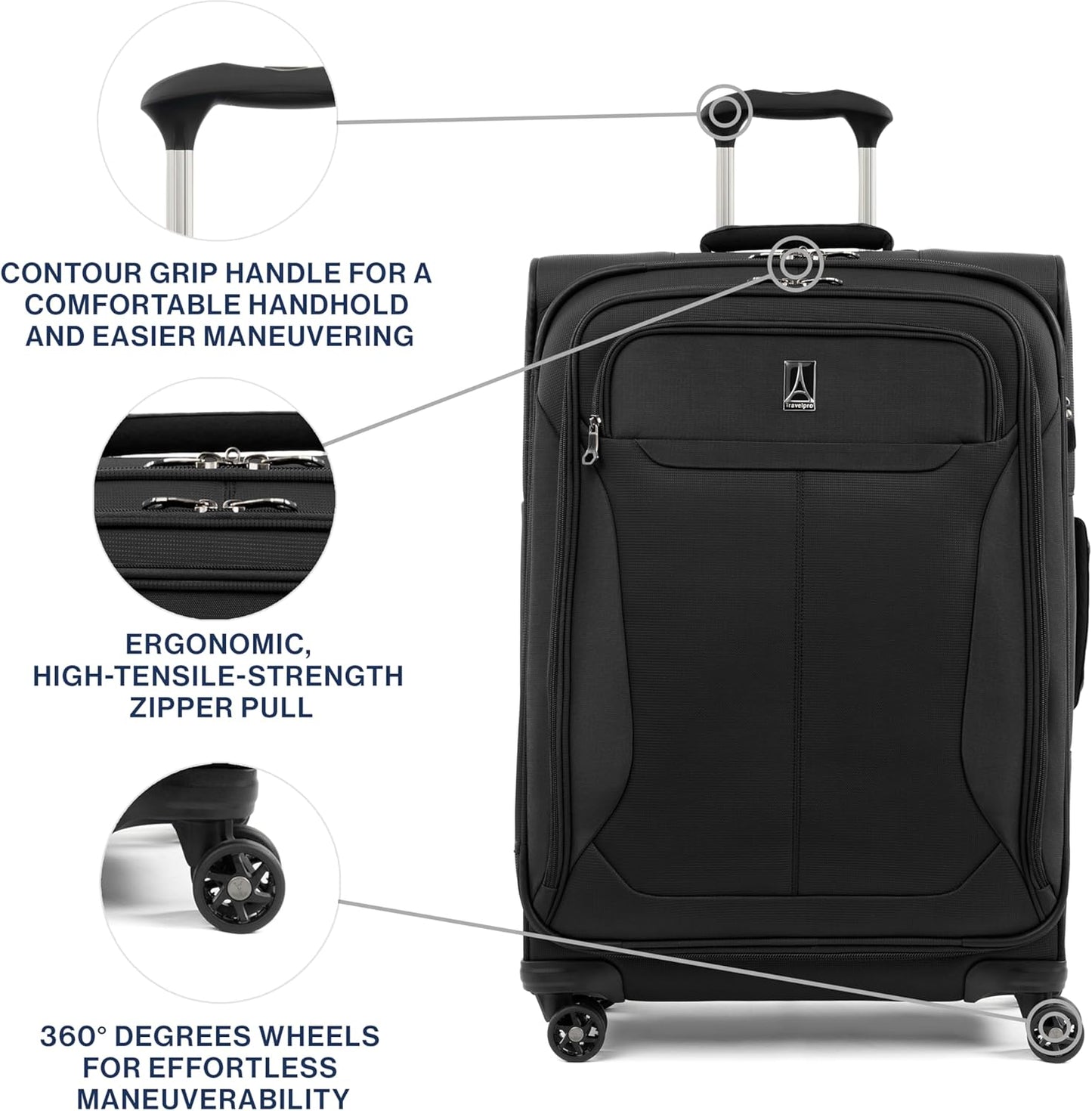 Travelpro Tourlite Softside 25" Expandable Luggage with 4 Spinner Wheels, Lightweight Suitcase, Checked Medium, Black
