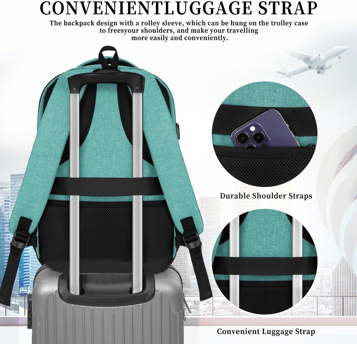 Backpack for Women Men, School Backpack for Boys Girls Teens, 15.6 Inch Laptop Backpack with USB Port, College Middle High School Bookbag, Water Resistent Business Mochila para hombre, Cyan