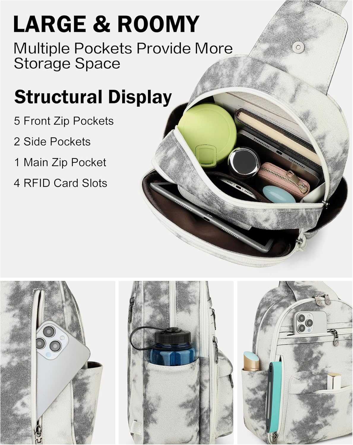 FADEON Large Sling Bag for Women, Leather Crossbody Purse Designer Anti Theft Sling Backpack, RFID Fanny Packs for Travel