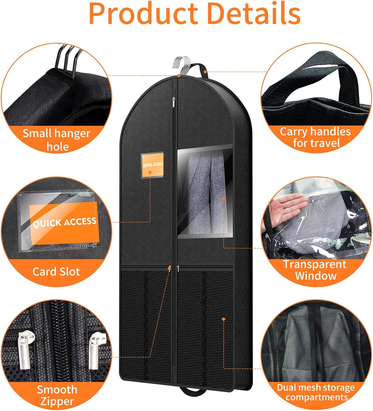 Suit Garment Clothes Travel Bag: 43 inch Lightweight Foldable Black Short Fabric Breathable - Hanging Storage Cover Pockets Zipper for Men - Wardrobe Carry Coat Jacket Uniform Tuxedo Shirt
