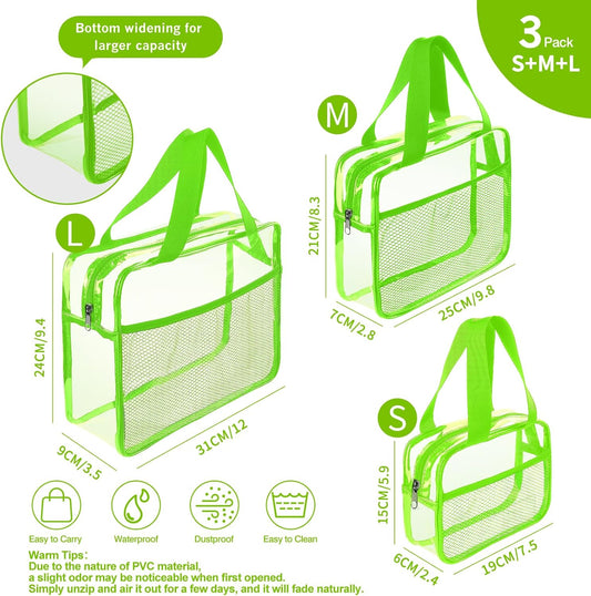 XEWEA Clear Travel Toiletry Bags, 3 Pack TSA Approved Transparent Makeup Bag for Men Women, Large Waterproof PVC Quart Organizer with Zipper for Toiletries Airline Essential,Toy Storage Pouch Green