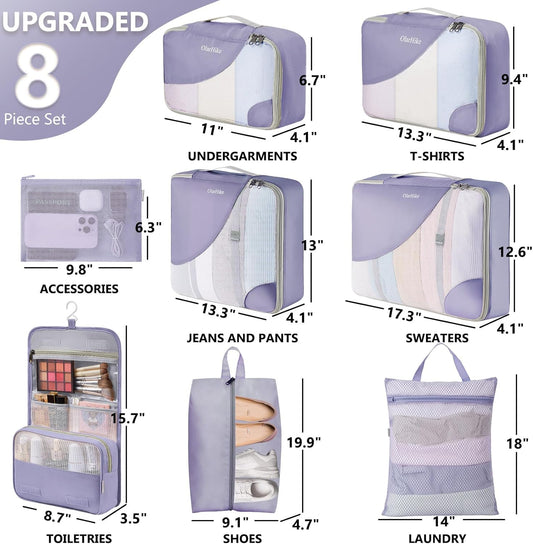 8 Set Packing Cubes for Travel, Gifts for Women Mom,Anti-Tearing Suitcase Organizer for Luggage with Shoe & Hanging Toiletry Bag,OlarHike Vacation Essentials & Accessories for Cruise Ship, Purple Gray