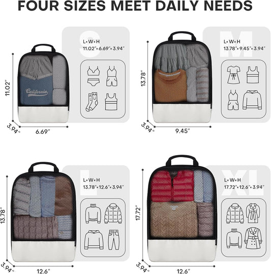 4 PCS Set Compression Packing Cubes for Travel, Lightweight Packaging Organizer Bags for Carry On Space Saving, Travel Essentials Cubes for Suitcase Backpack, Beige