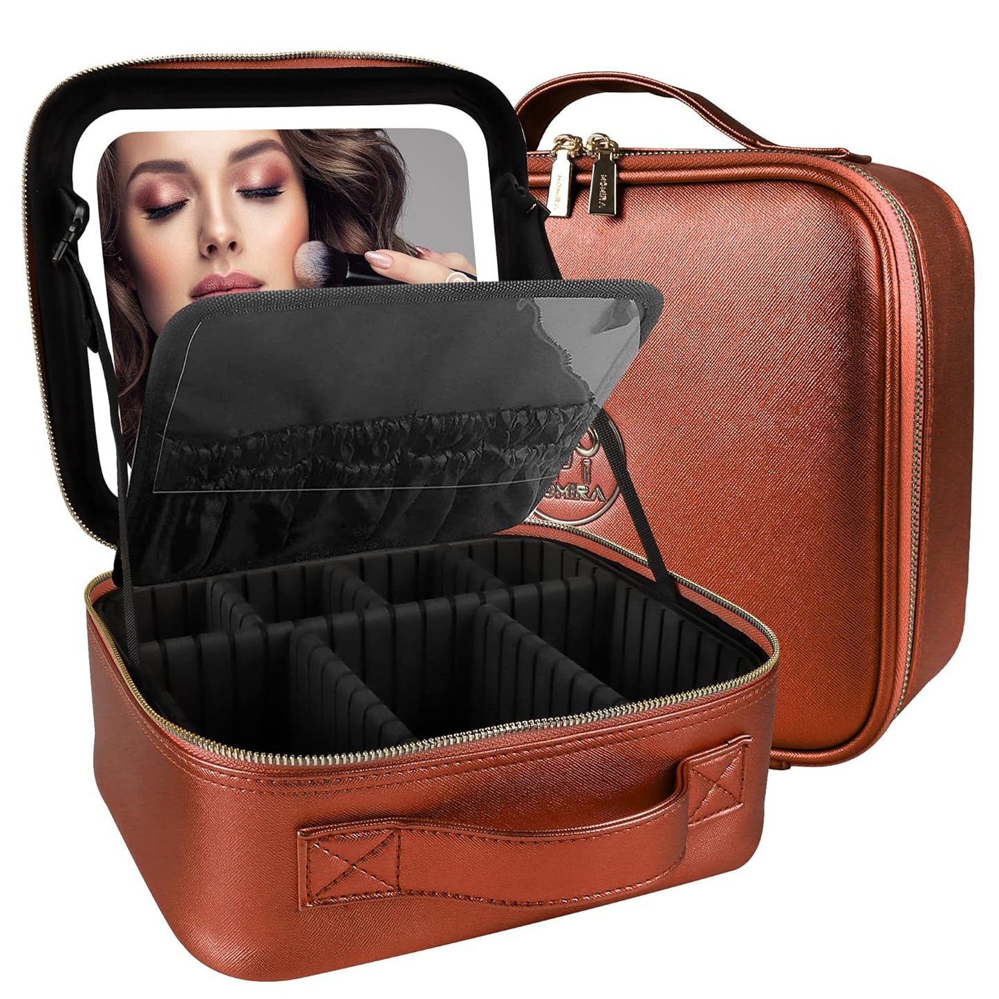 MOMIRA Travel Makeup Bag Cosmetic Bag Makeup Organizer Bag with Lighted Mirror, Adjustable Brightness in 3 Color Scenarios, Waterproof Makeup Train Case, Gift for Women - Brilliant Orange