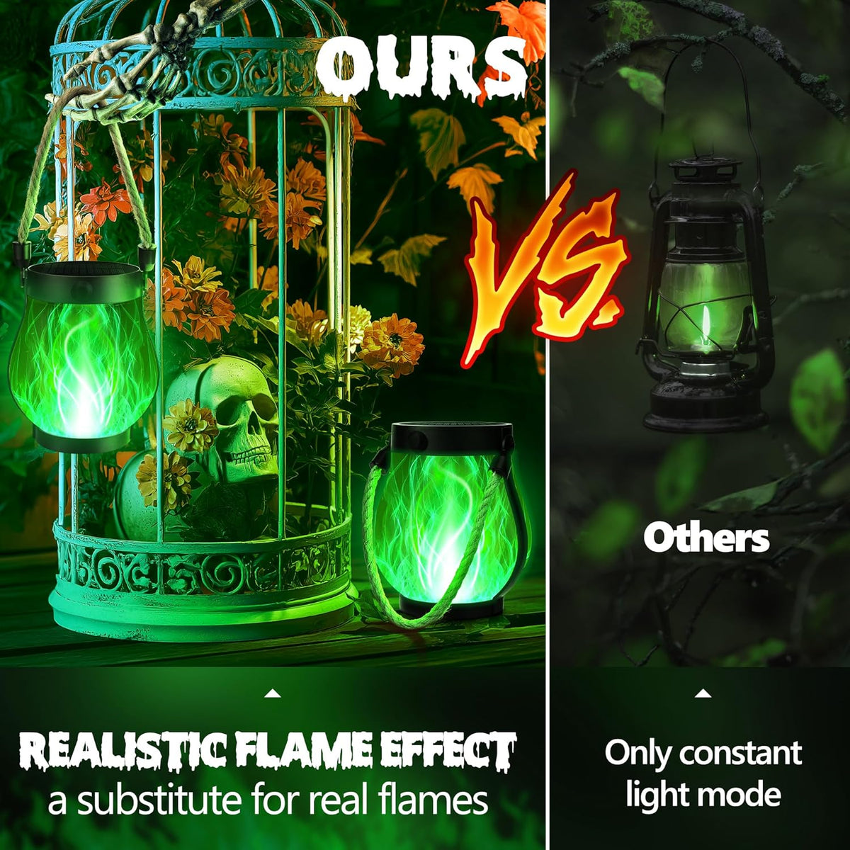 Halloween Solar Flame Lantern Hanging Outdoor Waterproof Purple - 2 Pack Flame Lanterns with Dual Charging Modes of Solar & USB for Garden or Yard Halloween Decorations (Green - 2 Pack)