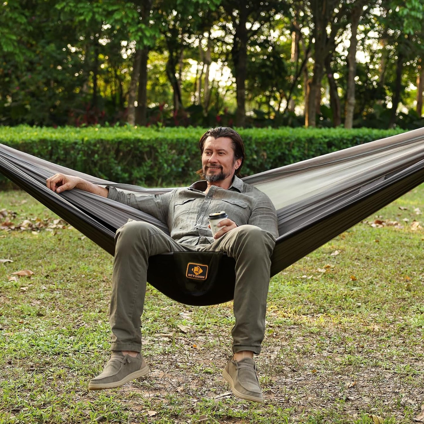 Camping Hammock, Portable Hammocks with Mosquito Net,Lightweight Nylon Parachute Hammock with 10ft Tree Straps,Camping Gear Must Haves for Travel Hiking Backpacking Beach Patio-Black&Grey