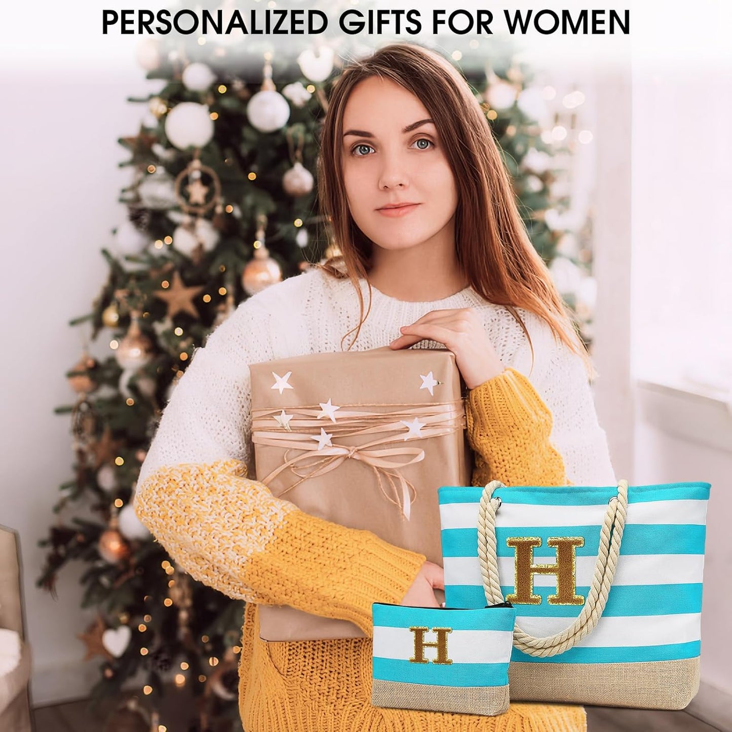 Becokan Beach Bag Initial Beach Tote with Makeup Bag for Travel Work Storage Personalized Birthday Gifts for Women Her