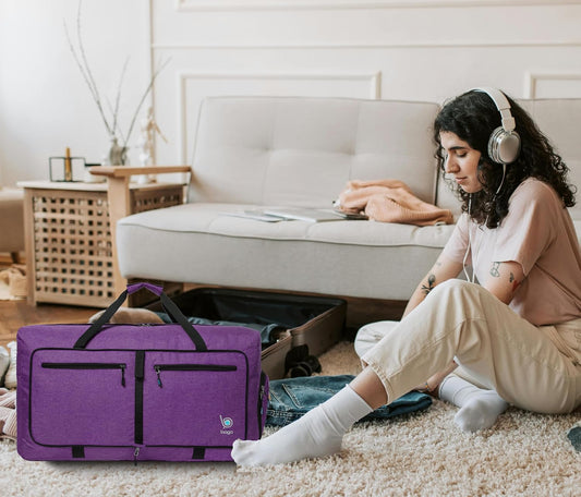 Bago Large Foldable Duffel Bags for Traveling Women & Men - 120L Packable Duffle Bag for Travel with Shoe Compartment - Water Repellant, Heavy Duty, Lightweight Folding & Collapsible (SnowDepPurple)