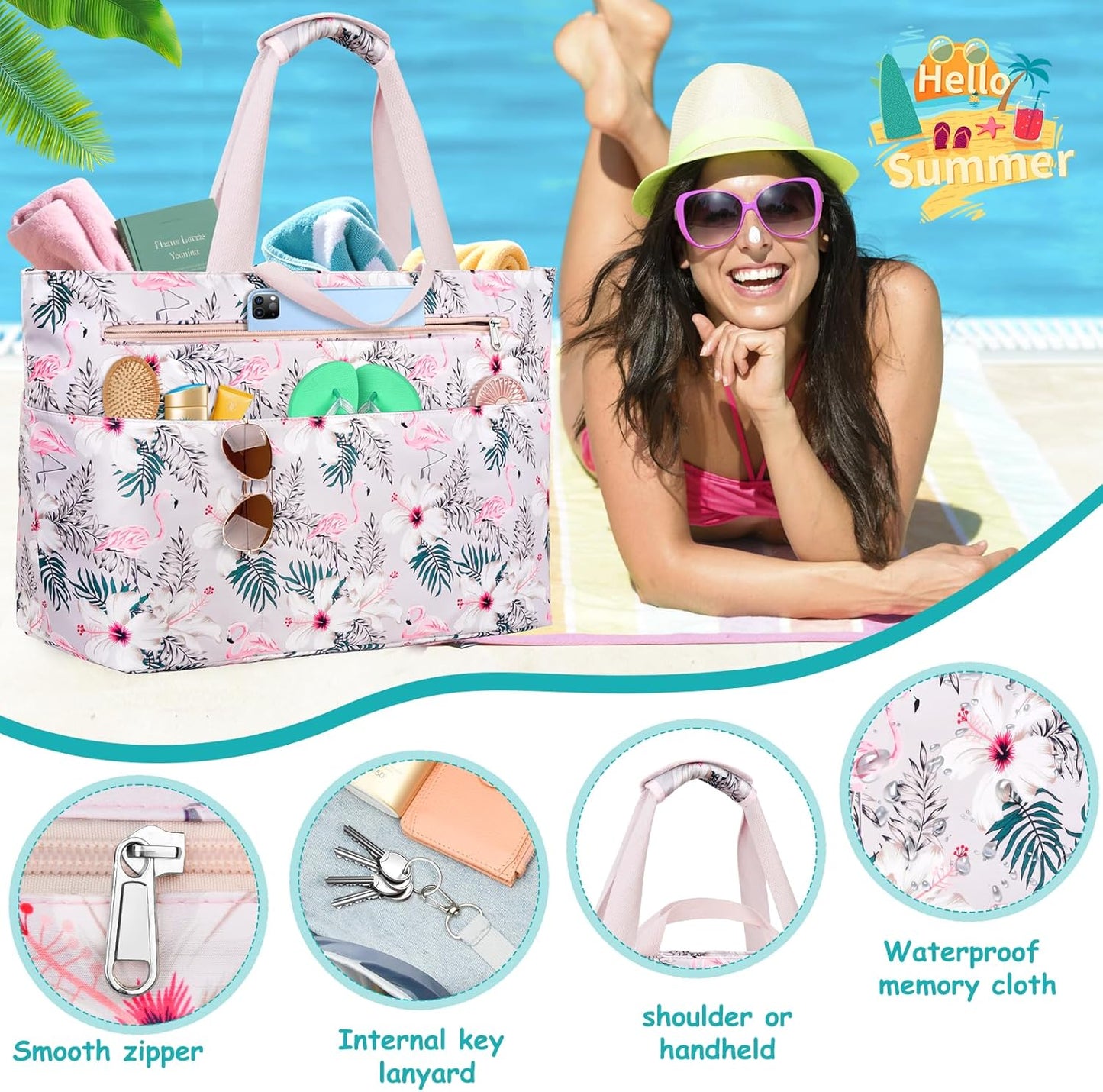Extra Large Beach Bags for Women, Waterproof Sandproof Beach Tote Bag Zipper Foldable Swim Pool Bag with Wet Pocket