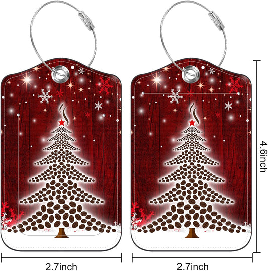 2 PCS Leather Luggage Tags for Suitcase Christmas Tree Snowflake Red Travel Luggage Tag with Privacy Flap Name ID Label and Metal Loop for Travel Bag Suitcase