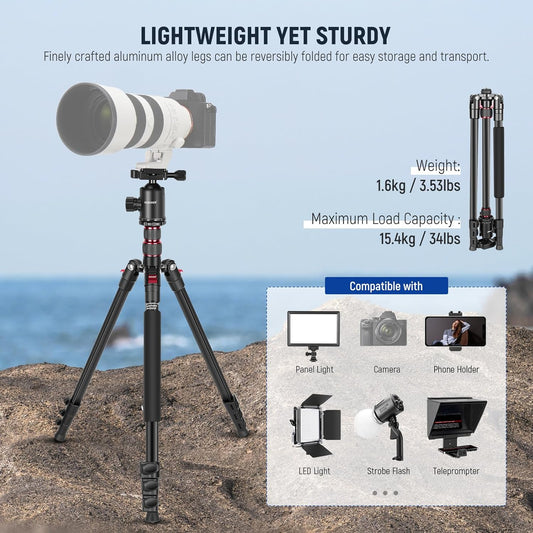 NEEWER 77" Camera Tripod Monopod with Cell Phone Holder Compatible with iPhone for Video Recording, Compact Aluminum Lightweight Travel Stand with Ball Head QR Plate Bag Cleaning Cloth, Max Load 34lbs