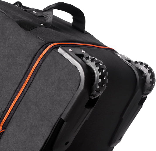 CONTAIL 32”110L Expandable 140L Rolling Duffle Bag with 2 Inline Wheels,Convertible Weekend Travel Bag with Bungee-Cord System,Black-orange
