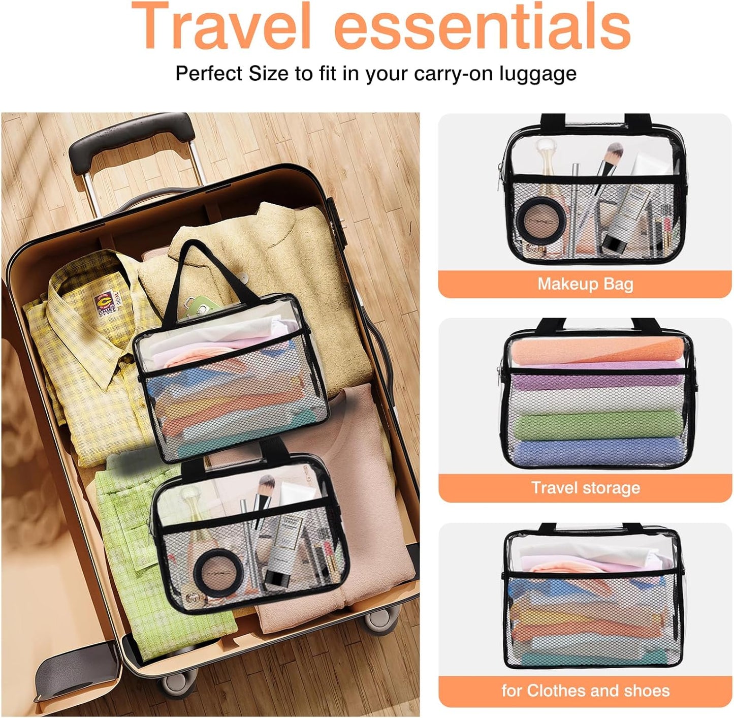 XEWEA 2PCS Middle TSA Approved Clear Travel Toiletry Bags for Men Women, Transparent Makeup Cosmetic Bag with Handle Zipper, Waterproof PVC Quart Organizer Pouch for Airport Airline Essential, Balck