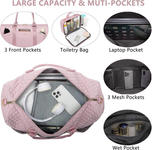 Women Duffle Weekender Travel Bag: Large Duffel Bags with Shoe Compartment Carry On Overnight Tote Bag with Wet Pocket Toiletry Bags Weekend Gym Yoga Hospital Bag for Labor and Delivery Pink 3Pcs Set