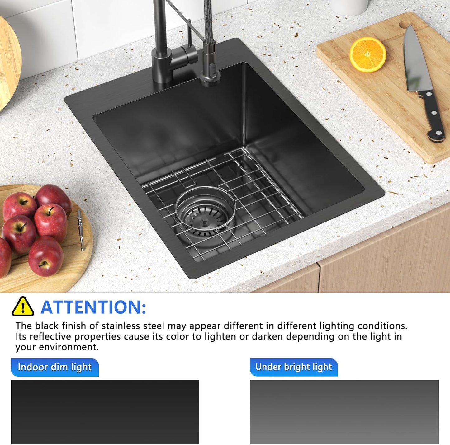 15x20 Drop In Bar Sink Black, 15 Inch Gunmetal Black Wet Bar Sink 18 Gauge Single Bowl Topmount Stainless Steel Small Kitchen Sink with Basket Strainer Drain & Bottom Grid