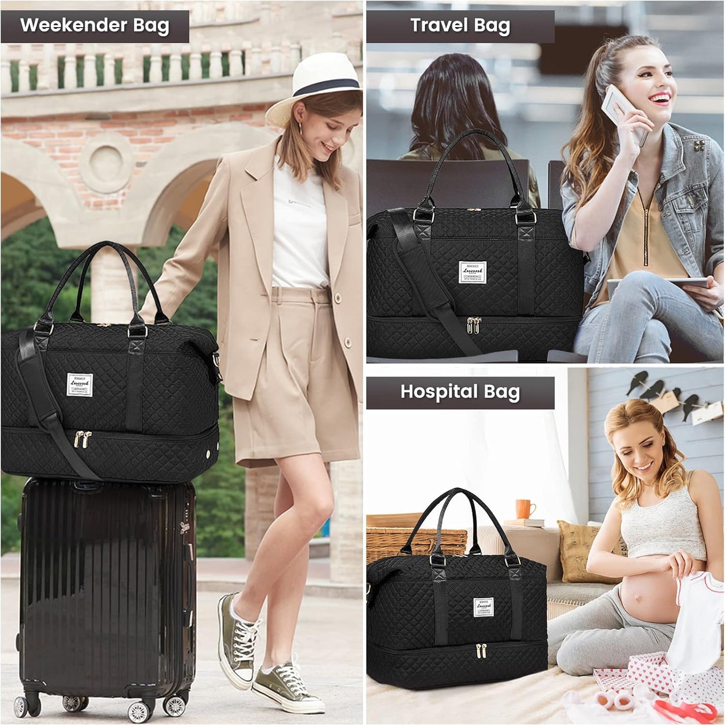 LOVEVOOK Travel Duffle Bag,Weekender Bags for Women with Shoe Compartment,Carry on Overnight Bag with Toiletry Bag,Gym Duffel Bag with Wet Pocket, Hospital Bags for Labor and Delivery