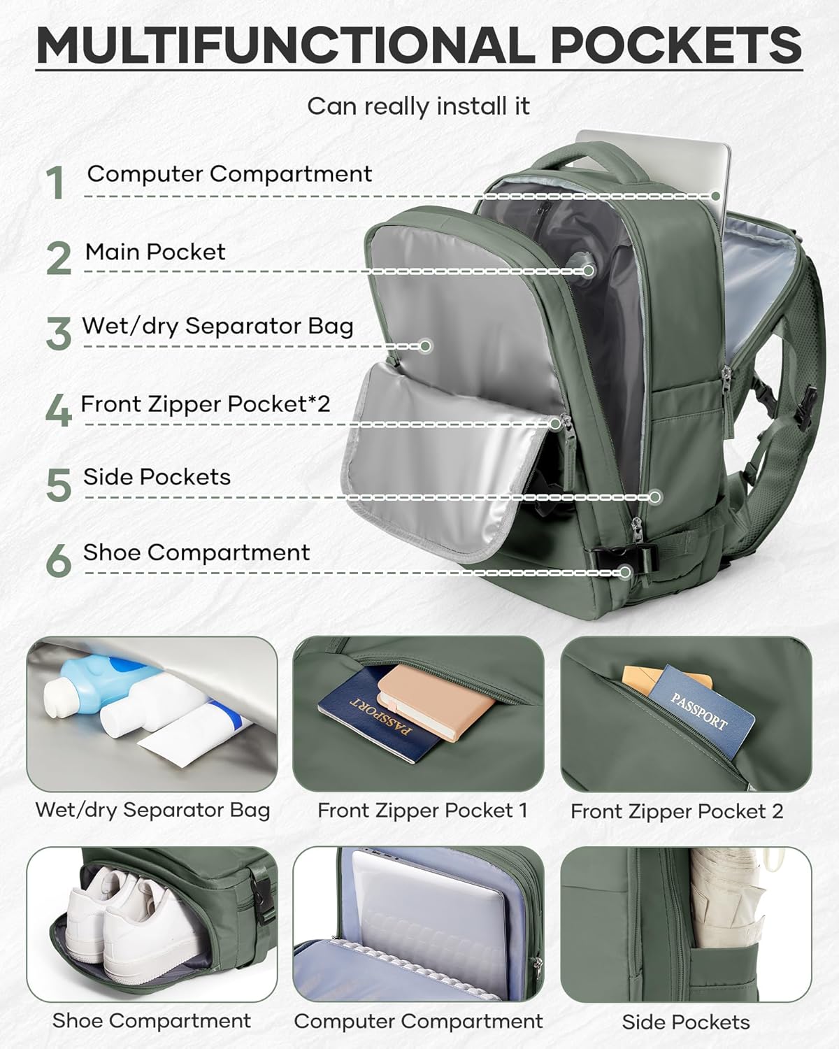 Vacuum Backpack Travel With Pump,Mochila De Viaje Compresion Al Vacio,Personal Item Travel Backpack With Vacuum System,Large Carry On Vacpack Backpacks For Women Men,Olive Green