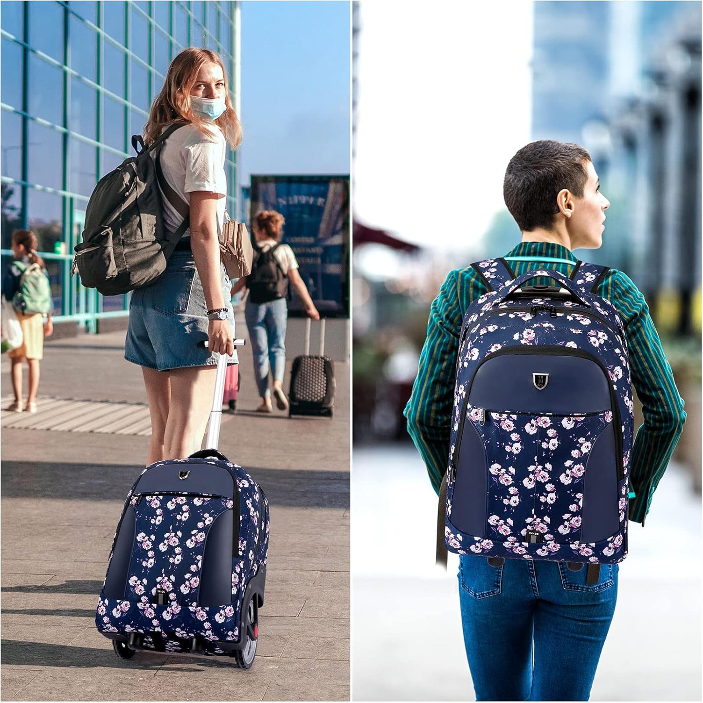 Rolling Backpack,Waterproof Backpack with Wheels for Business and Travel Commuter, Carry on Backpack with Laptop Compartment, Fit 17 Inch Laptop, Wheeled Backpack for Adults