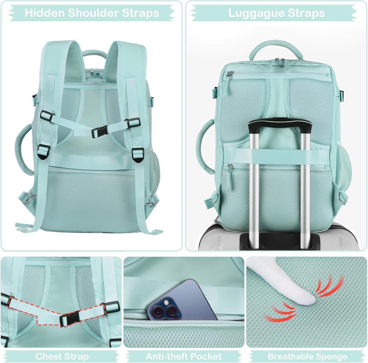 Hanples Large Travel Backpack for Women as Person Item Flight Approved, 35L Carry on Backpack, 17 Inch Laptop Backpack, Waterproof Backpack,Casual Bag with 2 Toiletry Bags (Mint Green)