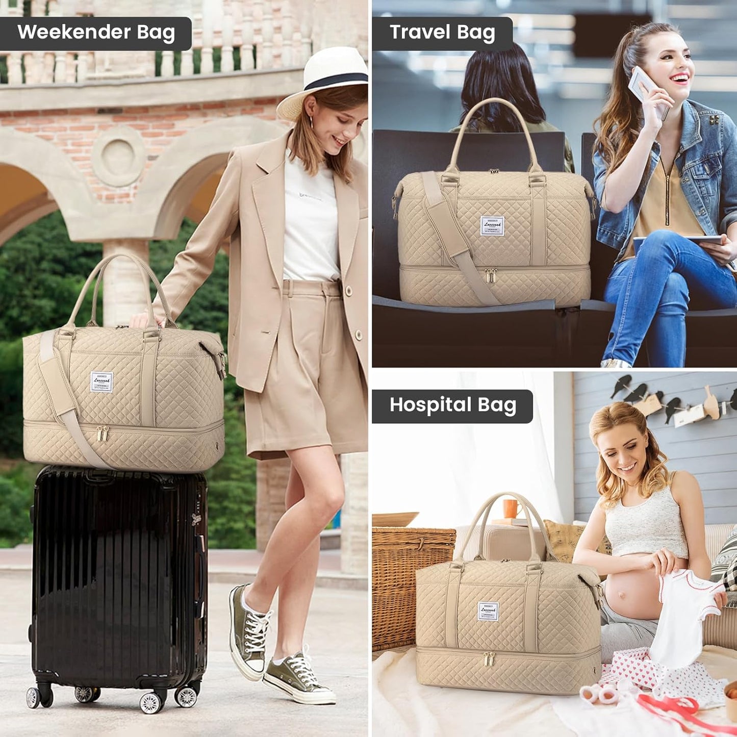 LOVEVOOK Travel Duffle Bag,Weekender Bags for Women with Shoe Compartment,Carry on Overnight Bag with Toiletry Bag,Gym Duffel Bag with Wet Pocket, Hospital Bags for Labor and Delivery