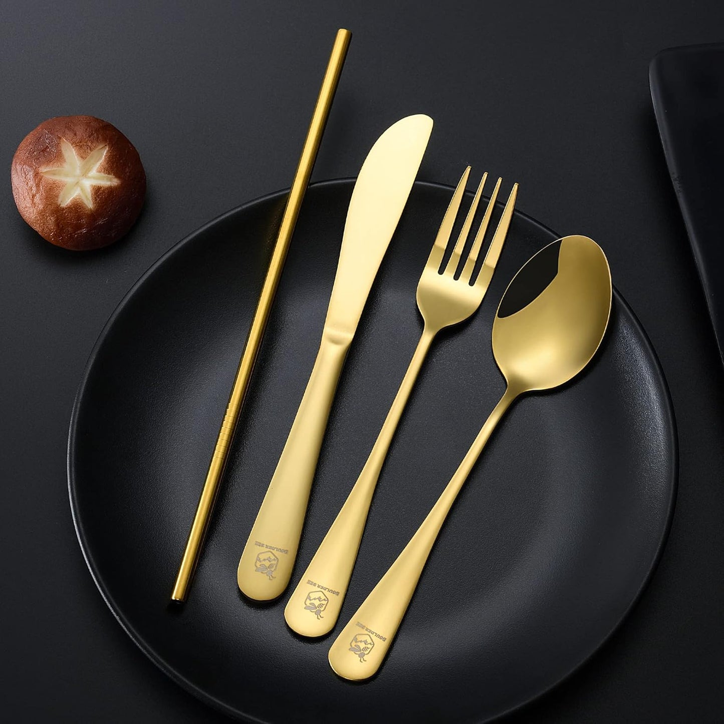 Boulder Bee | Travel Utensils Set | Reusable Camping Cutlery Set | Stainless Steel Flatware Set | Portable Silverware Set with Case | Includes Knife/Fork/Spoon/Straw/Cleaning Cloth/Case (Gold)