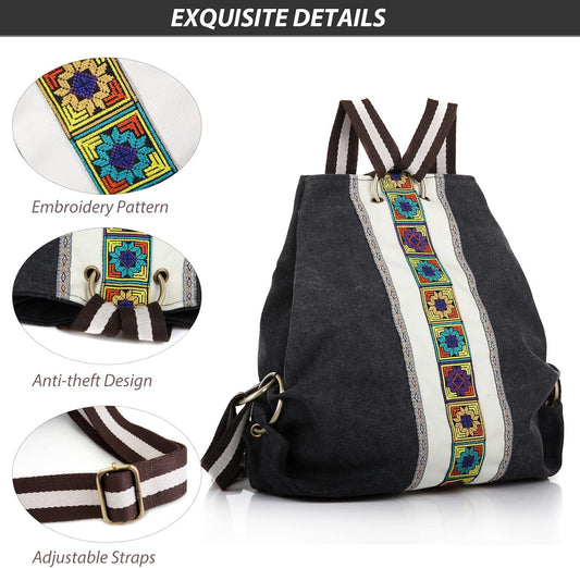 Goodhan Women Canvas Backpack Daypack Casual Shoulder Bag, Vintage Heavy-duty Anti-theft Travel Backpack Grey Black 2