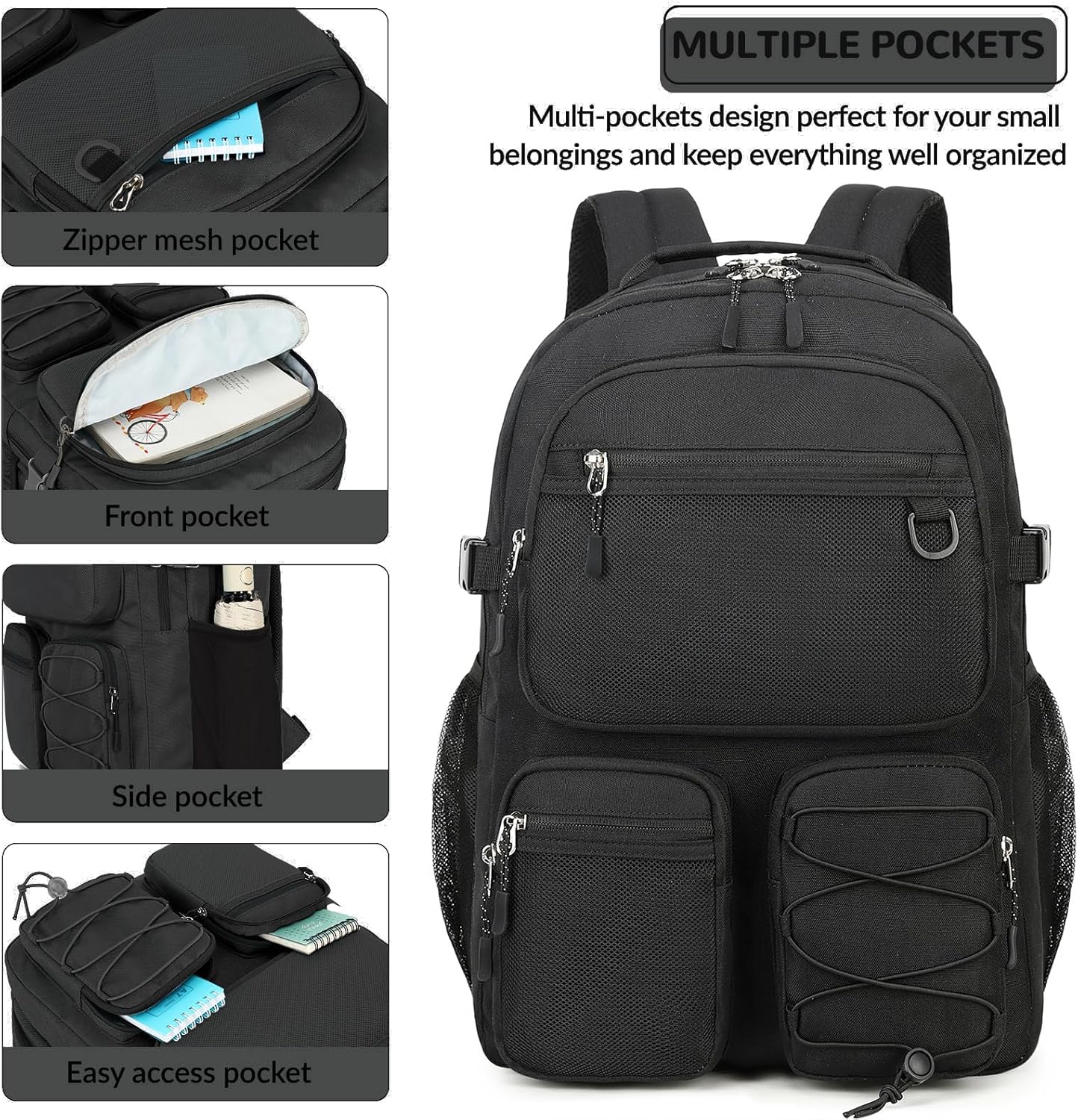 Lohol Water Resistant Daypack with Mulitiple Pockets for School Travel Outdoor College, 15.6 inch Laptop Backpack for Men and Women (Black)