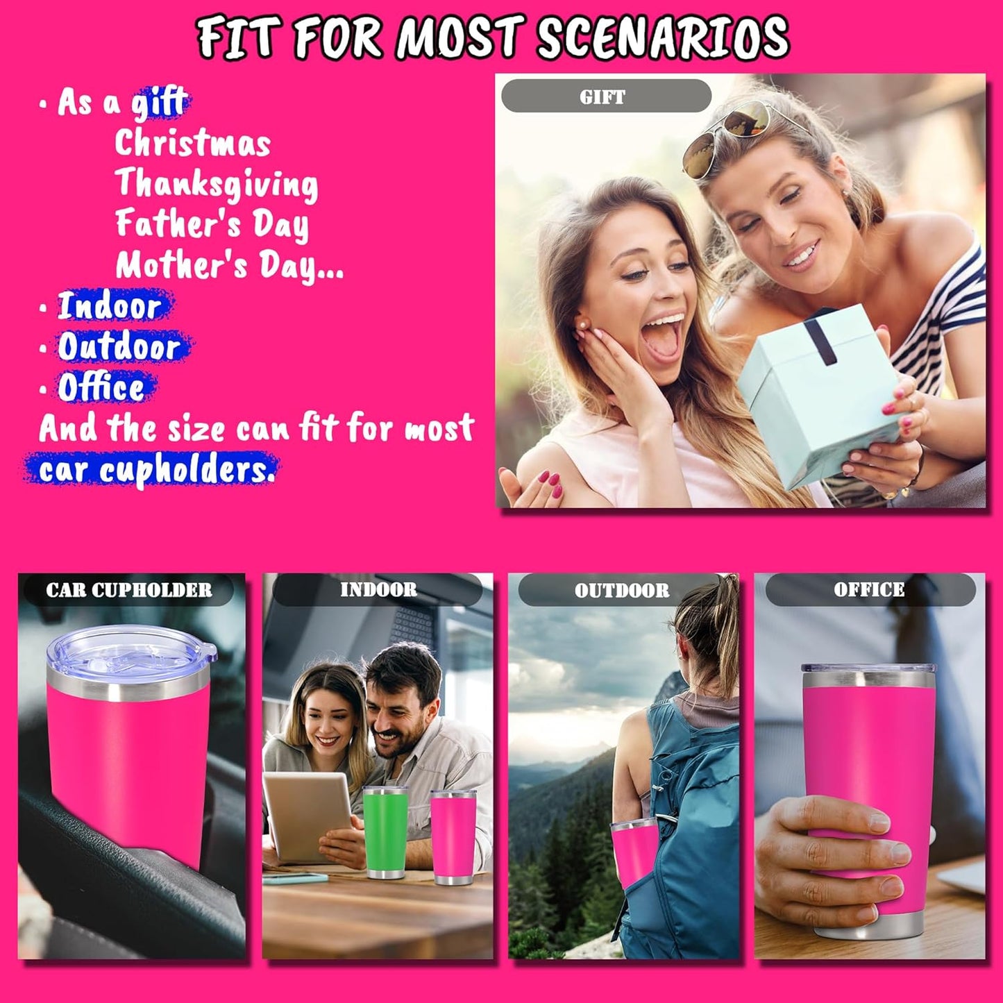 20 oz Tumbler with lid Double Wall Vacuum Insulated Tumblers Stainless Steel Coffee Mug Travel Coffee Tumbler Powder Coated Tumbler Cup Keep Hot&Cold - (Hot Pink 1 Pack)