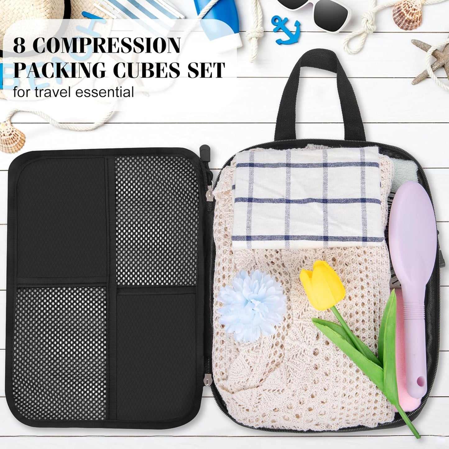 8 Set Compression Packing Cubes Travel, Lightweight Expandable Travel Cubes Suitcase Organizer for Carry On Luggage Suitcase, Black