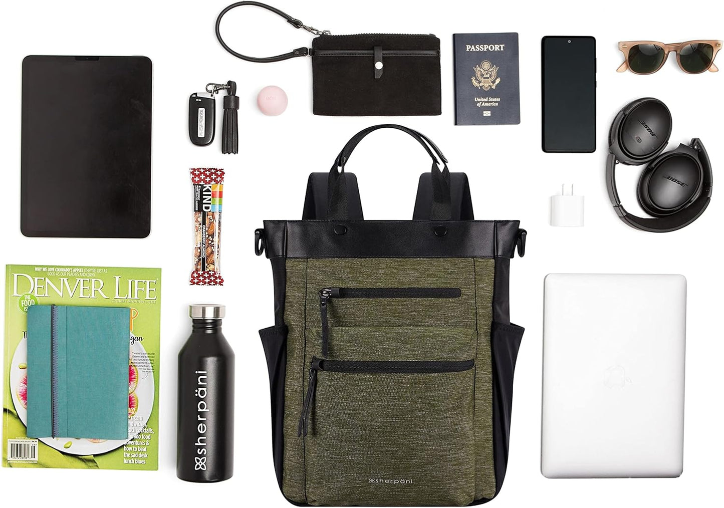 Sherpani Soleil, Anti Theft Convertible Backpack, 3 in 1 Tote Bag, Crossbody Bag, Cross Body Purse, 18L Travel Backpack, Travel Gifts for Women, RFID Protection, Fits 13” Laptop (Loden Lite)