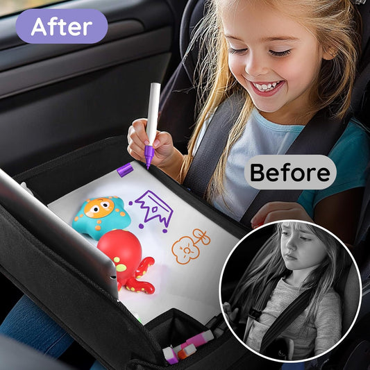2Pcs Kids Travel Tray, Kids Travel Trays for Car Seat, Road Trip Essentials for Toddler, Carseat Lap Tray with Dry Erase Board & Storage Organizer for Road Trip Activities for Kid, Black