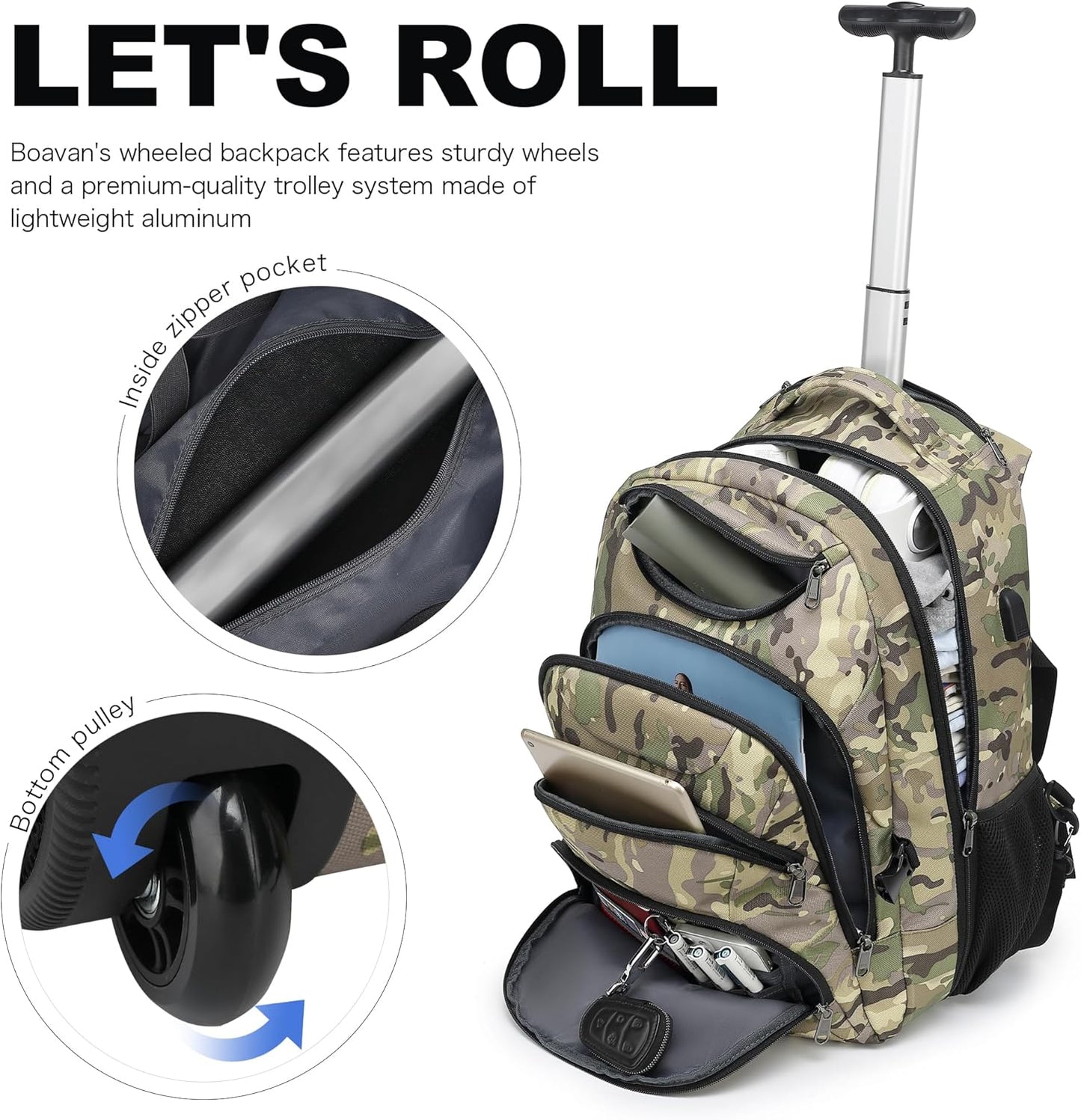 Boavan Rolling Backpack,17 inch Water Resistant Wheeled Backpack,Carry on Luggage Business Bag, Overnight College Computer Bag Trolley Suitcase for Men Women Adults to Travel