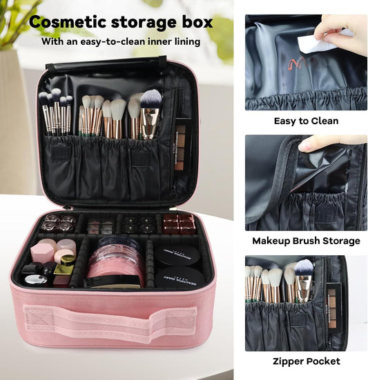 Travel Makeup Bag Makeup Cosmetic Train Case Organizer Portable Storage Bag with Adjustable Dividers for Cosmetics Makeup Brushes Toiletry Jewelry Pink