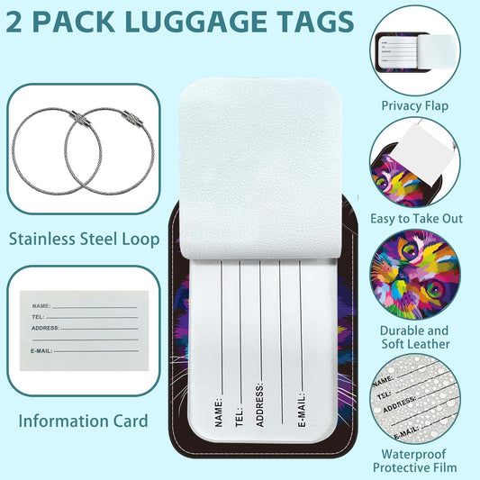 Colorful Cat Luggage Tag for Suitcase Set of 2 PU Leather Cute Luggage Tags with Stainless Metal Loop ID Label Privacy Flap Suitcase Tags for Women and Men Travel