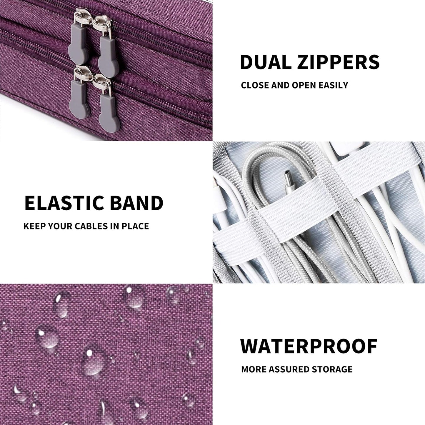 MIRLEWAIY Travel Electronics Organizer Soft Case Small Electronic Accessories Carrying Bag Double-Layer for Cords Phone Chargers Cables Earbuds Adapter Mouse, Purple