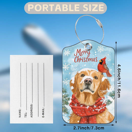 Set of 2 Christmas Dog and Red Cardinal Luggage Tags for Suitcases Leather Suitcase Tags Identifiers with Privacy Name Address Label and Stainless Steel Loop for Women Men Travel Luggage Accessories