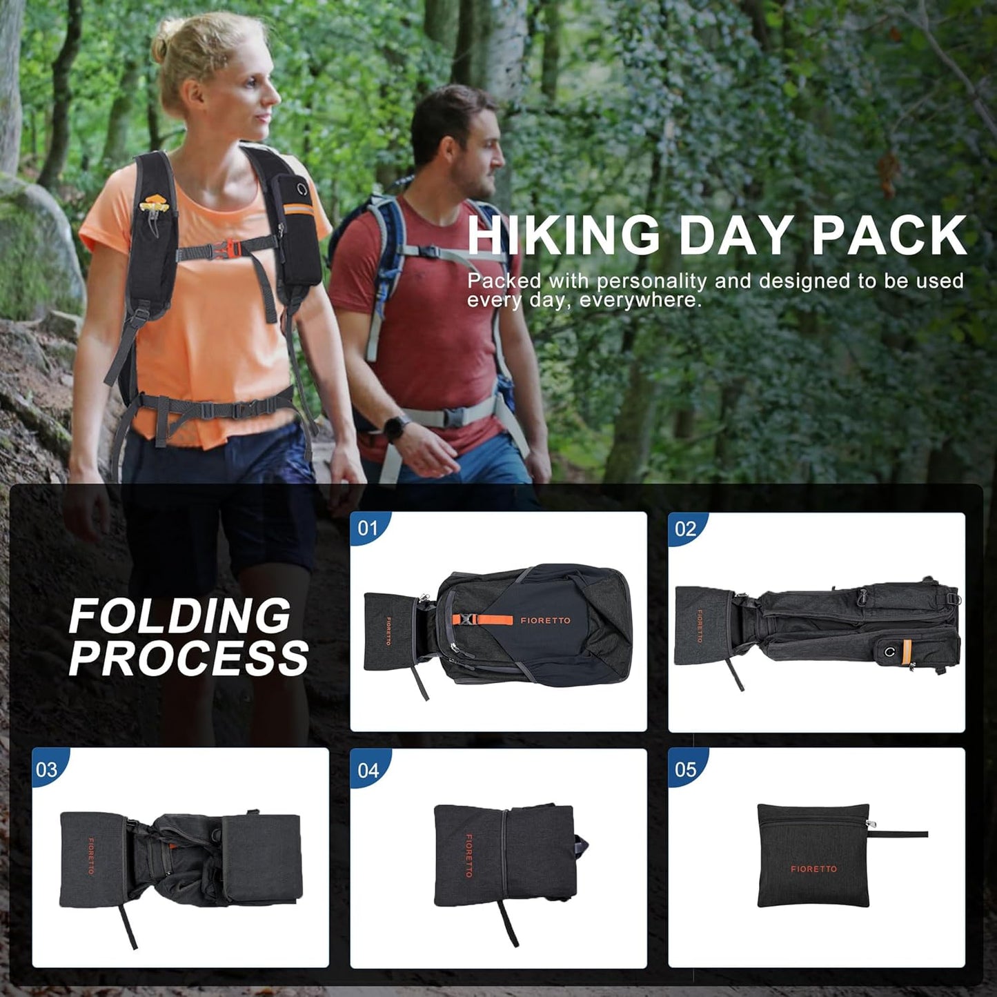 FIORETTO 20L Hiking Backpack for Women Men Mini Packable Backpack Lightweight Small Daypack for Camping Travel Outdoor, Black