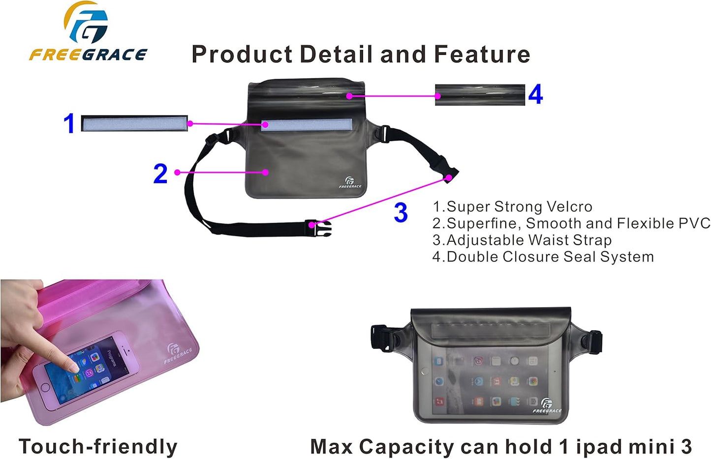 Freegrace Waterproof Pouches with Waist Strap / Pouch Case Bundle Set- Keep Your Phone & Valuables Dry and Safe - Waterproof Dry Bags for Boating Swimming Snorkeling Kayaking Beach Water Parks Pool