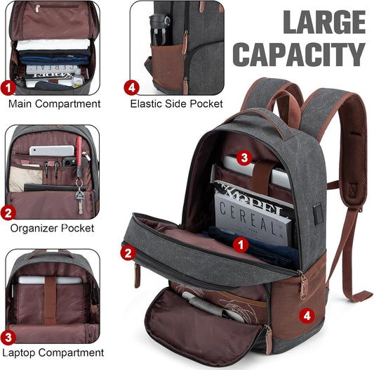 Tzowla Canvas Laptop College Backpack for Men and Women,Travel Work Vintage Rucksack with USB/Type-C Charging Port,Lightweight Hiking Casual Daypack Backpacks fit 15.6 inch Notebook,Black