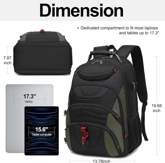 Boavan Laptop Backpack for men, 17.3 inch Laptop Bag with USB Port, Waterproof Travel Work Backpack Purse, Anti-Theft Teacher Nurse Doctor Casual Bookbags Office Business backpack,Black&Army Green