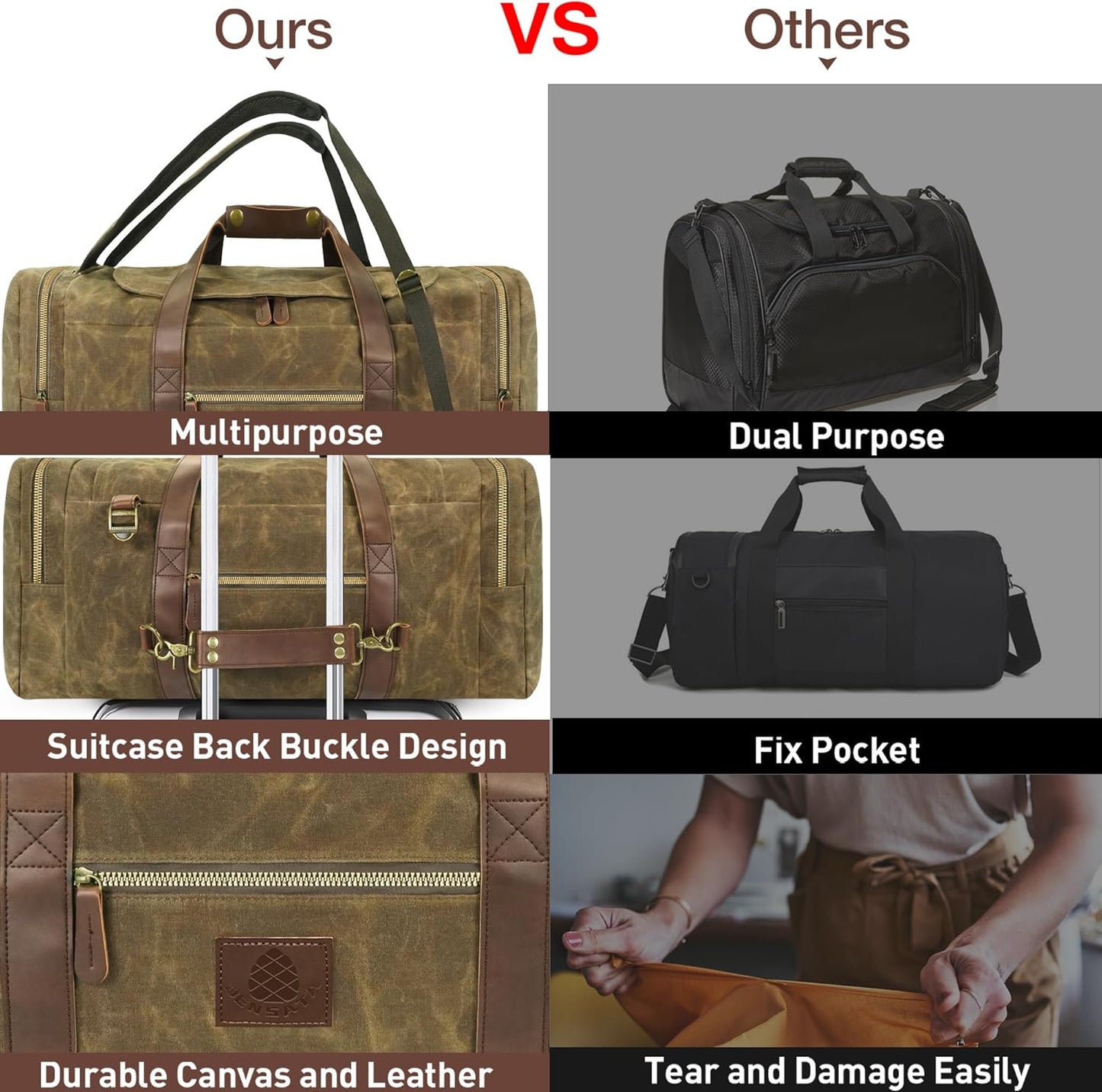 60L Travel Bags for Men, Nomad Washed Canvas Duffle Bag Vintage Genuine Leather Travel Duffel Bag Multifunctional Weekender Overnight Backpack with Shoes Compartment