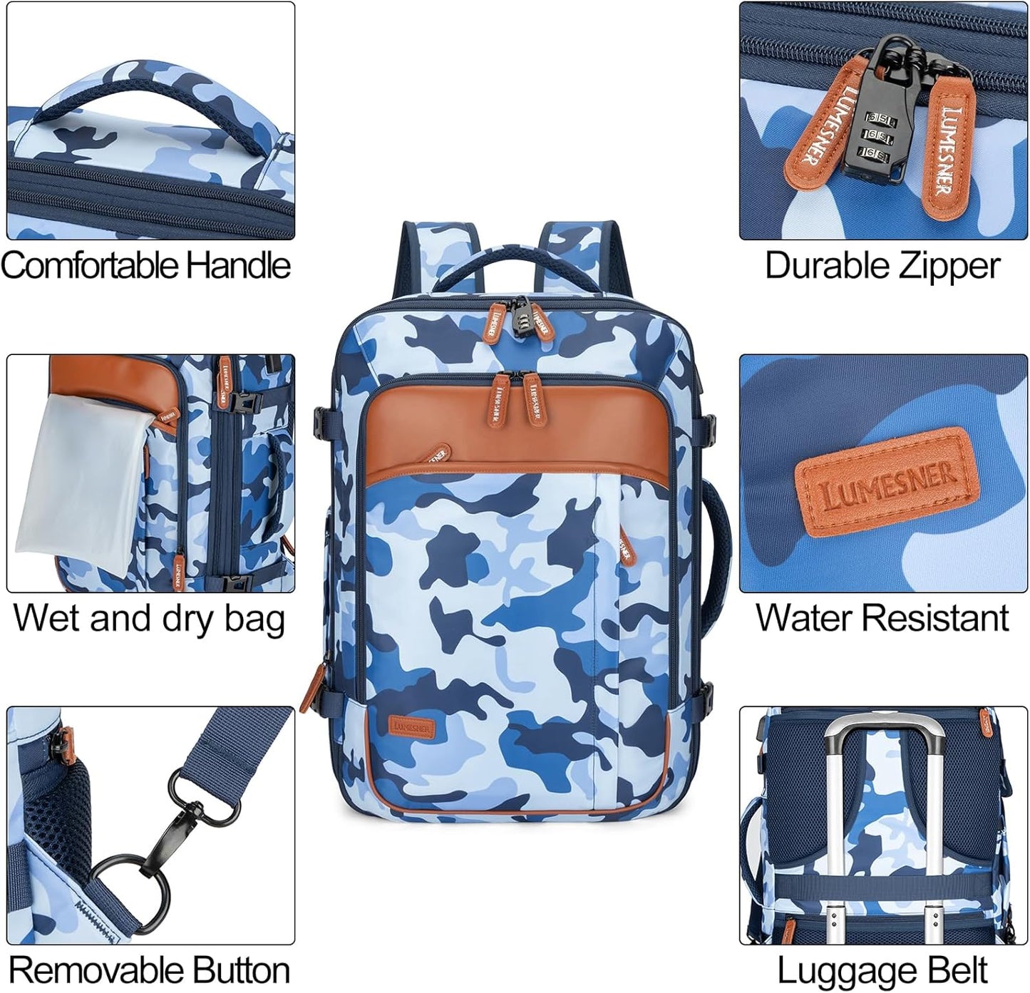 Travel Backpack 42L Carry on Backpack Flight Approved Expandable Travel Backpack Carry on Backpack Luggage Daypack (Blue Camouflage)