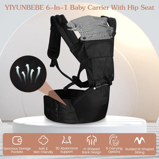 Baby Carrier Newborn to Toddler, 6-in-1 Baby Carrier with Hip Seat Lumbar Support 7-45lbs, Baby Soft Carrier for All Seasons & Positions, Adjustable Size for Shopping Hiking Travelling Black
