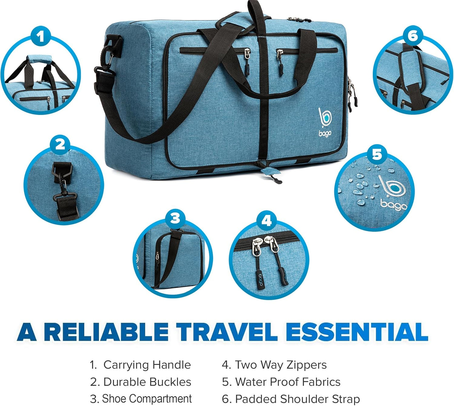 Bago Foldable Duffel Bags for Traveling Women & Men - 40L Sports Packable Duffle Bag for Travel with Shoe Compartment - Water Repellant, Heavy Duty, Lightweight Folding & Collapsible (SnowBlue)